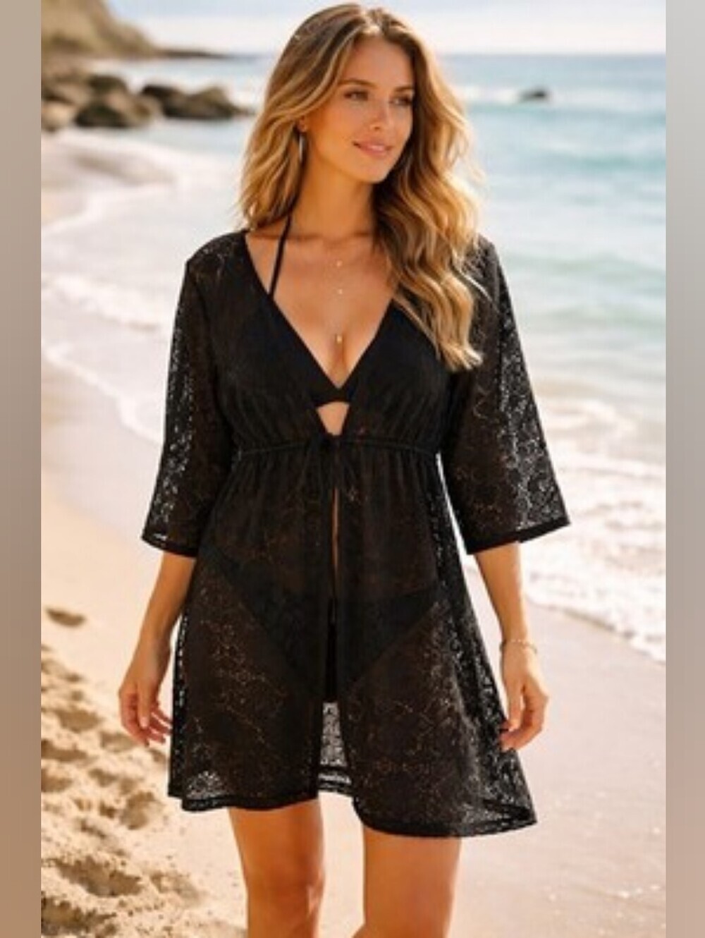 Catalina Black Lace Beach Cover-Up, Size 3X (22W- 24W)